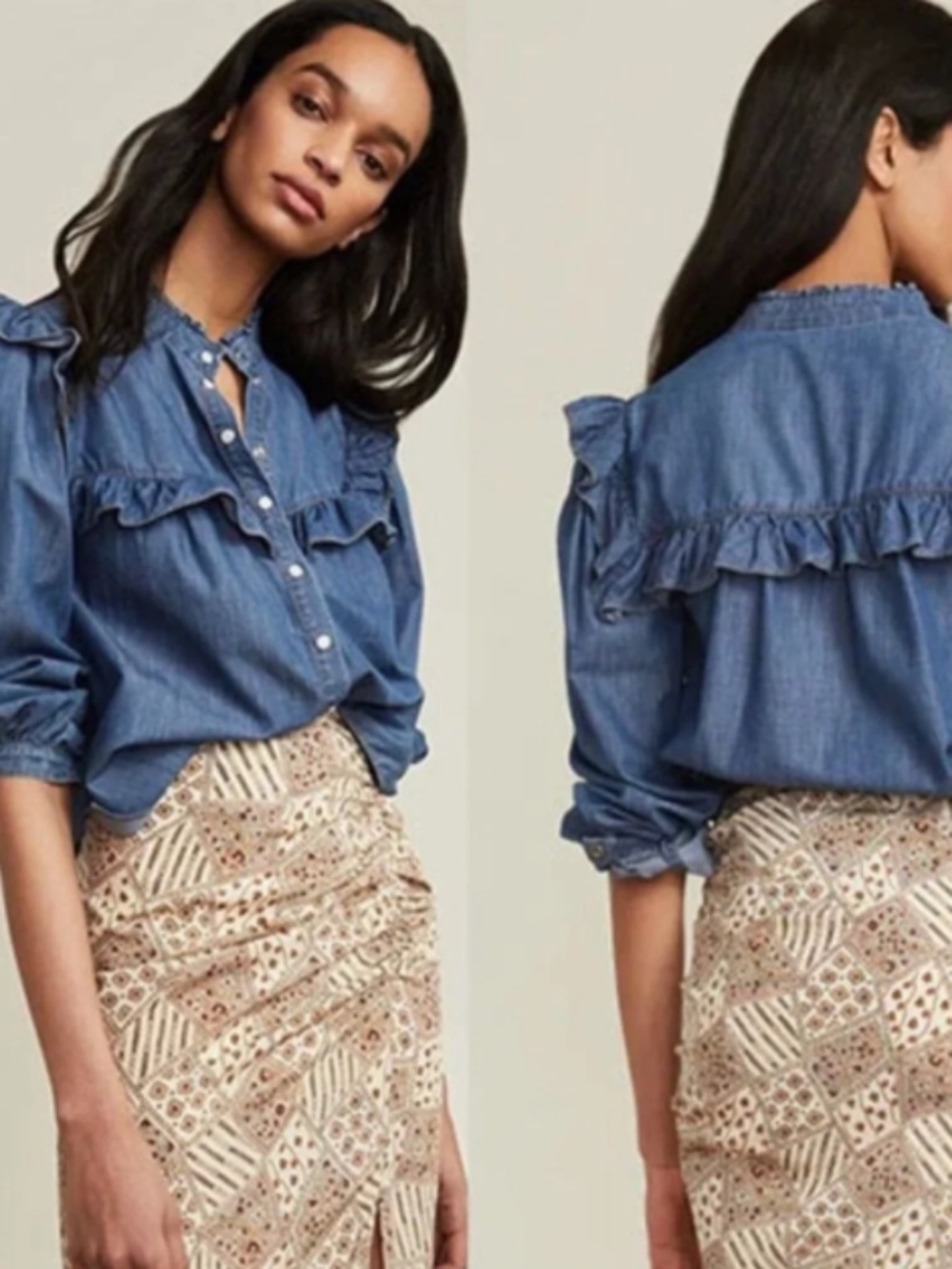 Veronica Beard chambray ruffle yoke shirt size m
